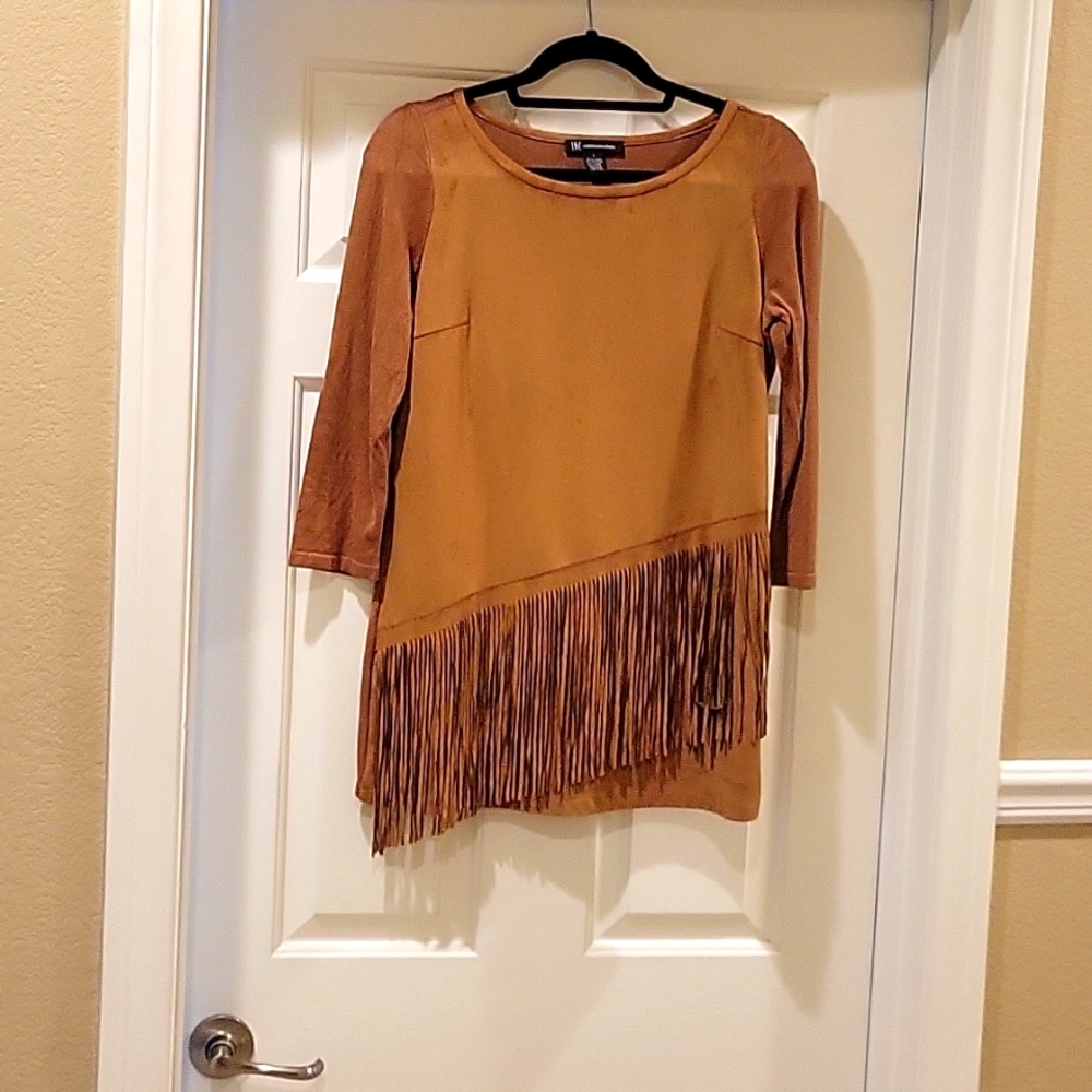 INC International  Concepts faux suede sweater with asymmetrical fringe